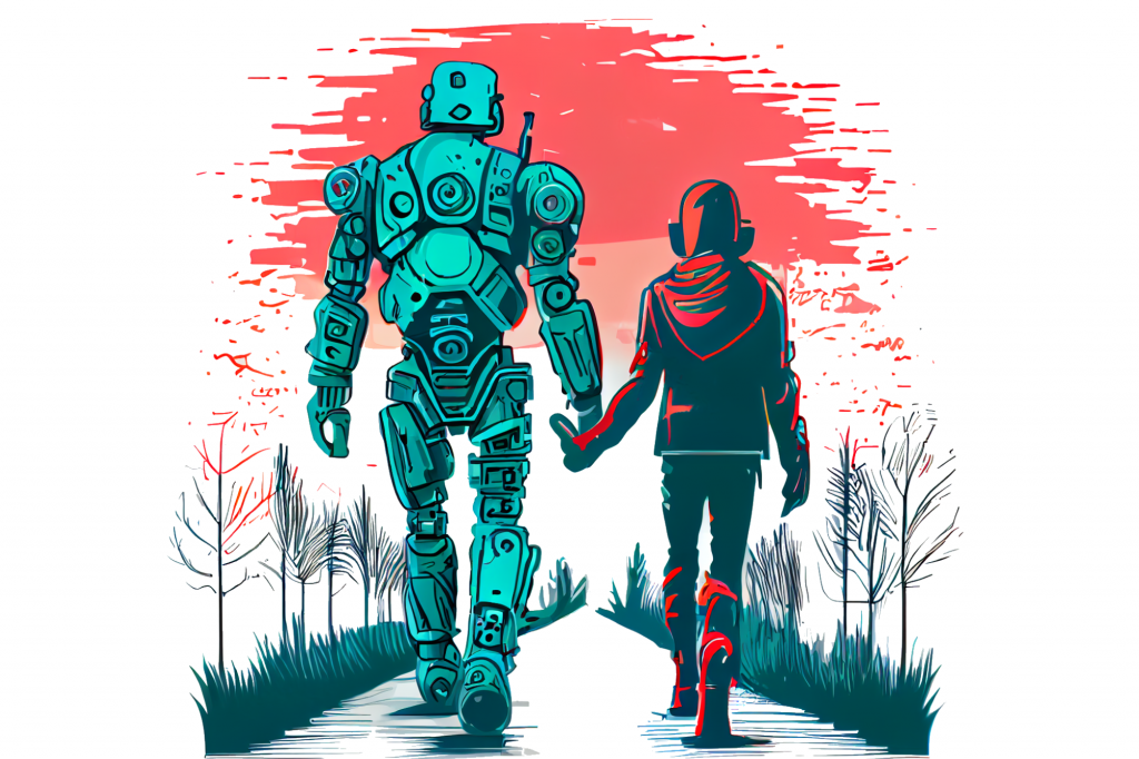 Image of a human figure walking down a path holding hands with a taller robot. The path is lined with trees and they are walking towards a sunset.