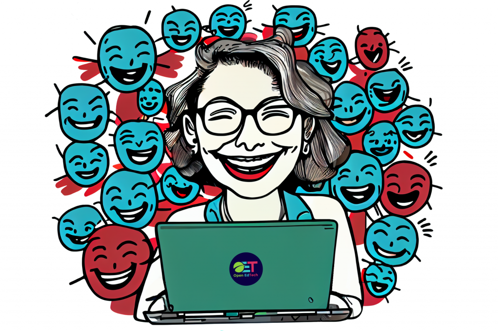 Cartoon image of a woman smiling at a laptop. Around her head are other smiling faces.