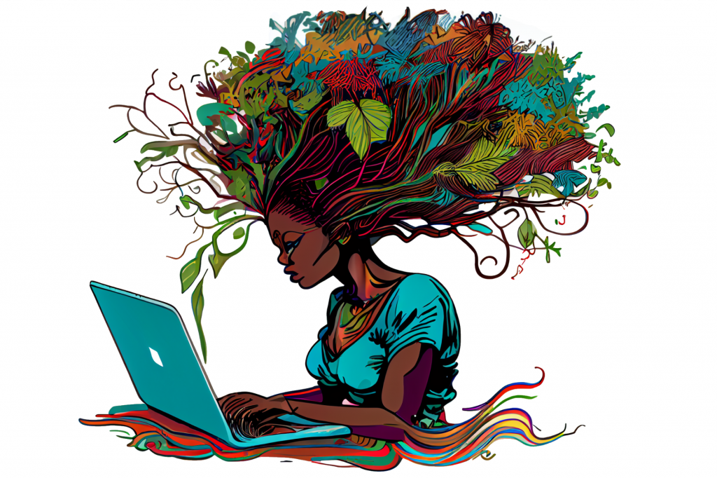 Image of a woman sitting at a laptop working. She appears to be partially made of plants, with her hair made of roots and foliage.